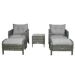 5 Piece Gray Rattan Wicker Lounge Chair Set Outdoor Patio Conversation with Cushions Chairs Ottomans and Glass Table - Image 11