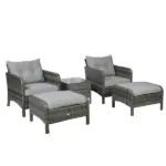 5 Piece Gray Rattan Wicker Lounge Chair Set Outdoor Patio Conversation with Cushions Chairs Ottomans and Glass Table