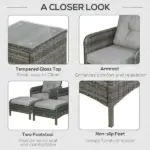 5 Piece Gray Rattan Wicker Lounge Chair Set Outdoor Patio Conversation with Cushions Chairs Ottomans and Glass Table - Image 6