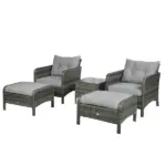 5 Piece Gray Rattan Wicker Lounge Chair Set Outdoor Patio Conversation with Cushions Chairs Ottomans and Glass Table - Image 7