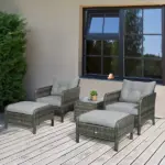 5 Piece Gray Rattan Wicker Lounge Chair Set Outdoor Patio Conversation with Cushions Chairs Ottomans and Glass Table - Image 10