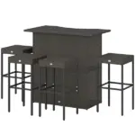 Outsunny 5 Piece Rattan Wicker Bar Set, High Top Outdoor Table and Chairs, Bar Height Patio Set, 2 Shelves and 4 Bar Stools, Brown
