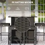 Outsunny 5 Piece Rattan Wicker Bar Set, High Top Outdoor Table and Chairs, Bar Height Patio Set, 2 Shelves and 4 Bar Stools, Brown - Image 4