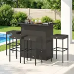 Outsunny 5 Piece Rattan Wicker Bar Set, High Top Outdoor Table and Chairs, Bar Height Patio Set, 2 Shelves and 4 Bar Stools, Brown - Image 7