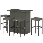 5 Piece Rattan Wicker Bar Set, High Top Outdoor Table and Chairs, Bar Height Patio Set, 2 Shelves and 4 Bar Stools, Gray