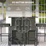 5 Piece Rattan Wicker Bar Set, High Top Outdoor Table and Chairs, Bar Height Patio Set, 2 Shelves and 4 Bar Stools, Gray - Image 4