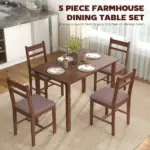HOMCOM 5-Piece Solid Wood Dining Table Set for 4, Farmhouse Kitchen Table with Upholstered Chairs for Dining Room, Light Brown - Image 4