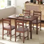 HOMCOM 5-Piece Solid Wood Dining Table Set for 4, Farmhouse Kitchen Table with Upholstered Chairs for Dining Room, Light Brown - Image 9
