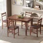 HOMCOM 5-Piece Solid Wood Dining Table Set for 4, Farmhouse Kitchen Table with Upholstered Chairs for Dining Room, Light Brown - Image 10