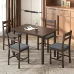 HOMCOM 5-Piece Solid Wood Dining Table Set for 4, Farmhouse Kitchen Table with Upholstered Chairs for Dining Room, Walnut - Image 2
