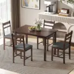 HOMCOM 5-Piece Solid Wood Dining Table Set for 4, Farmhouse Kitchen Table with Upholstered Chairs for Dining Room, Walnut - Image 10