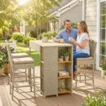 Outsunny 5 Piece Wicker Outdoor Bar Set, Acacia Wood Outdoor High Top Table and Chairs with 3 Tier Shelves, Cushions, Brown - Image 2