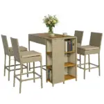 Outsunny 5 Piece Wicker Outdoor Bar Set, Acacia Wood Outdoor High Top Table and Chairs with 3 Tier Shelves, Cushions, Brown - Image 11