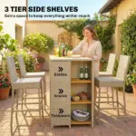 Outsunny 5 Piece Wicker Outdoor Bar Set, Acacia Wood Outdoor High Top Table and Chairs with 3 Tier Shelves, Cushions, Brown - Image 4