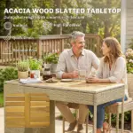 Outsunny 5 Piece Wicker Outdoor Bar Set, Acacia Wood Outdoor High Top Table and Chairs with 3 Tier Shelves, Cushions, Brown - Image 5