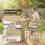 Outsunny 5 Piece Wicker Outdoor Bar Set, Acacia Wood Outdoor High Top Table and Chairs with 3 Tier Shelves, Cushions, Brown - Image 7
