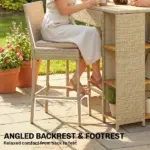 Outsunny 5 Piece Wicker Outdoor Bar Set, Acacia Wood Outdoor High Top Table and Chairs with 3 Tier Shelves, Cushions, Brown - Image 8
