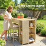 Outsunny 5 Piece Wicker Outdoor Bar Set, Acacia Wood Outdoor High Top Table and Chairs with 3 Tier Shelves, Cushions, Brown - Image 9