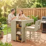 Outsunny 5 Piece Wicker Outdoor Bar Set, Acacia Wood Outdoor High Top Table and Chairs with 3 Tier Shelves, Cushions, Brown - Image 10