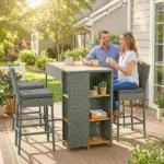 5 Piece Wicker Outdoor Bar Set, Acacia Wood Outdoor High Top Table and Chairs with 3 Tier Shelves, Cushions, Gray - Image 2