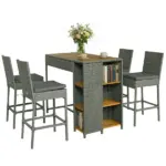 5 Piece Wicker Outdoor Bar Set, Acacia Wood Outdoor High Top Table and Chairs with 3 Tier Shelves, Cushions, Gray - Image 11