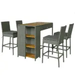 5 Piece Wicker Outdoor Bar Set, Acacia Wood Outdoor High Top Table and Chairs with 3 Tier Shelves, Cushions, Gray