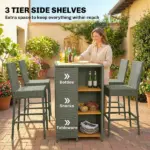 5 Piece Wicker Outdoor Bar Set, Acacia Wood Outdoor High Top Table and Chairs with 3 Tier Shelves, Cushions, Gray - Image 4