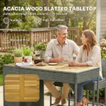 5 Piece Wicker Outdoor Bar Set, Acacia Wood Outdoor High Top Table and Chairs with 3 Tier Shelves, Cushions, Gray - Image 5