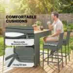 5 Piece Wicker Outdoor Bar Set, Acacia Wood Outdoor High Top Table and Chairs with 3 Tier Shelves, Cushions, Gray - Image 7