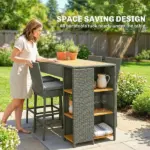 5 Piece Wicker Outdoor Bar Set, Acacia Wood Outdoor High Top Table and Chairs with 3 Tier Shelves, Cushions, Gray - Image 9