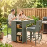 5 Piece Wicker Outdoor Bar Set, Acacia Wood Outdoor High Top Table and Chairs with 3 Tier Shelves, Cushions, Gray - Image 10