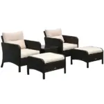 5 Piece Rattan Patio Conversation Set with Chairs, Ottomans and Coffee Table, Brown Beige