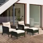 5 Piece Rattan Patio Conversation Set with Chairs, Ottomans and Coffee Table, Brown Beige - Image 10