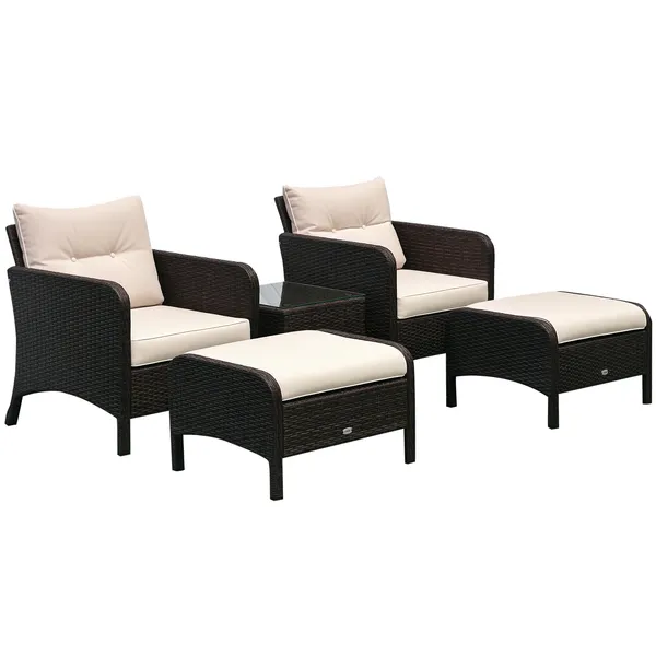 5-pieces-rattan-wicker-lounge-chair-outdoor-patio-conversation-set-with-2-cushioned-chairs-2-ottomans-and-tempered-glass-top-coffee-table-brownbeige.webp 5 Piece Rattan Patio Conversation Set with Chairs, Ottomans and Coffee Table, Brown Beige - Image 1