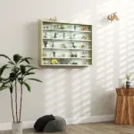 HOMCOM 5-Tier Display Cabinet, Wall-Mounted Display Case with 2 Glass Doors and Adjustable Shelves, Oak and White - Image 2
