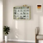 HOMCOM 5-Tier Display Cabinet, Wall-Mounted Display Case with 2 Glass Doors and Adjustable Shelves, Oak and White - Image 7