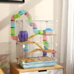 PawHut 5-Tier Hamster Cage, Portable Animal Travel Carrier with Exercise Wheels, Tube, Light Blue - Image 2