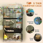 PawHut 5 Tier Hamster Cage, Rolling Rat Cage with Deep Tray, Storage Shelf, Big Exercise Wheel, Hut, Tube System - Image 5