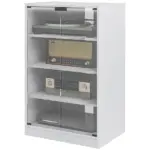 4-Tier Media Cabinet with Adjustable Shelves Tempered Glass Doors and Cable Management Distressed White