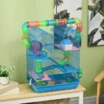 PawHut 5 Tiers Hamster Cage, Extra Large, Small Animal House, Wheels, Tubes, Water Bottle, Ladder, Blue - Image 2