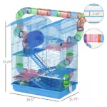 PawHut 5 Tiers Hamster Cage, Extra Large, Small Animal House, Wheels, Tubes, Water Bottle, Ladder, Blue - Image 3