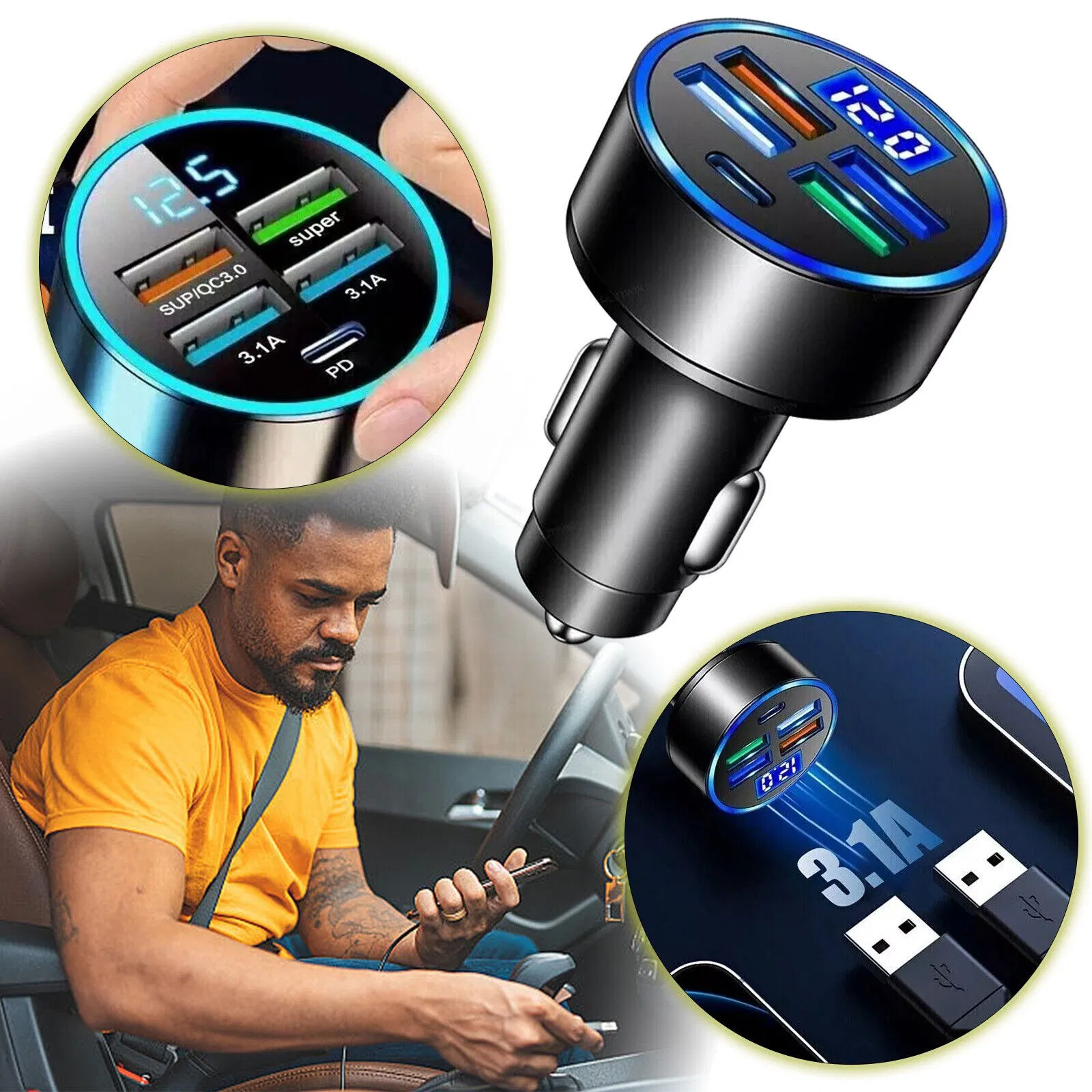 5 Port USB Fast Car Charger Adapter for iPhone Samsung and Android