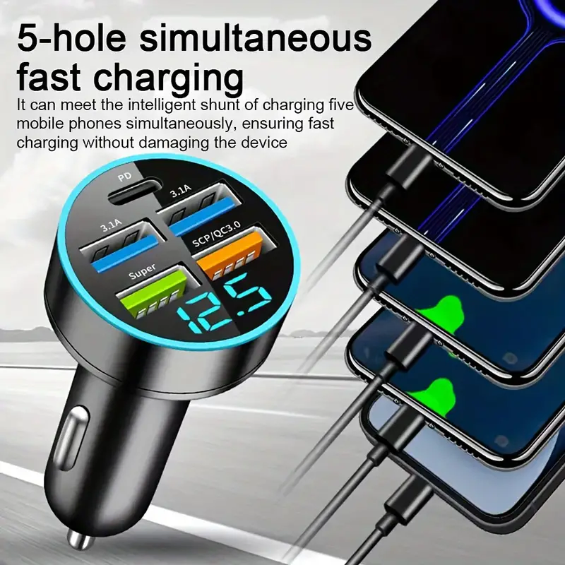 5 Port USB Fast Car Charger Adapter for iPhone Samsung and Android