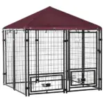 5' x 5' Outdoor Dog Kennel with Rotating Bowl Holders, Walk-in Pet Playpen, Wire Steel with Water and UV-Resistant Canopy, Red