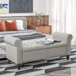 HOMCOM 50 Inches Storage Ottoman Bench, End of Bed Storage Bench with Rolled Arms, Wood Legs, Button Tufted Storage Bench, Gray - Image 2