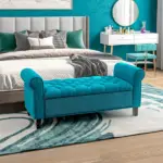 HOMCOM 50 Inches Storage Ottoman Bench, End of Bed Storage Bench with Rolled Arms, Wood Legs, Button Tufted Storage Bench, Teal - Image 2