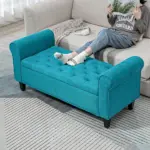 HOMCOM 50 Inches Storage Ottoman Bench, End of Bed Storage Bench with Rolled Arms, Wood Legs, Button Tufted Storage Bench, Teal - Image 10