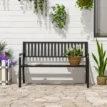 Outsunny 50 Inch 2-Person Steel Outdoor Bench with Slatted Seat Black - Image 2
