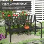 Outsunny 50 Inch 2-Person Steel Outdoor Bench with Slatted Seat Black - Image 4