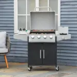 Outsunny 52" Barbecue Grill with Wheels, 4+1 Burner Liquid Propane Gas Grill, Outdoor Cabinet Style BBQ Trolley with Side Burner, Warming Rack, Silver - Image 2